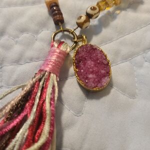 Chico's Pink and Gold Druzy Pendant Necklace